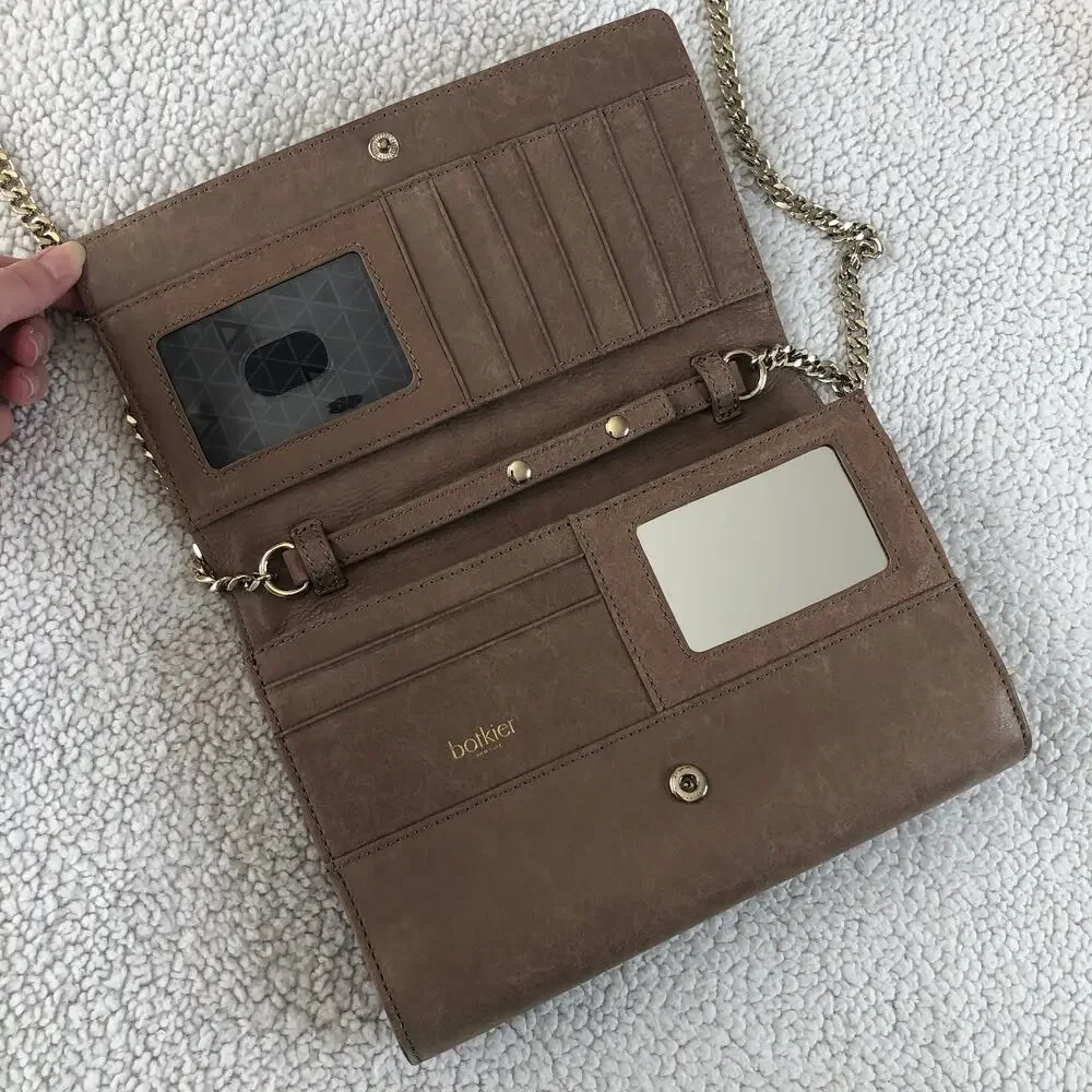 Botkier Soho quilted leather gold removable chain wallet mocha brown